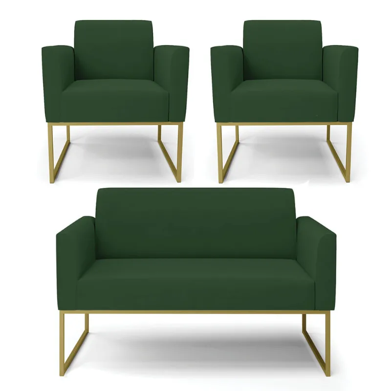 Sofá Namoradeira com 2 Poltronas Base Industrial Dourado Marisa Veludo Verde D03 - D'Rossi