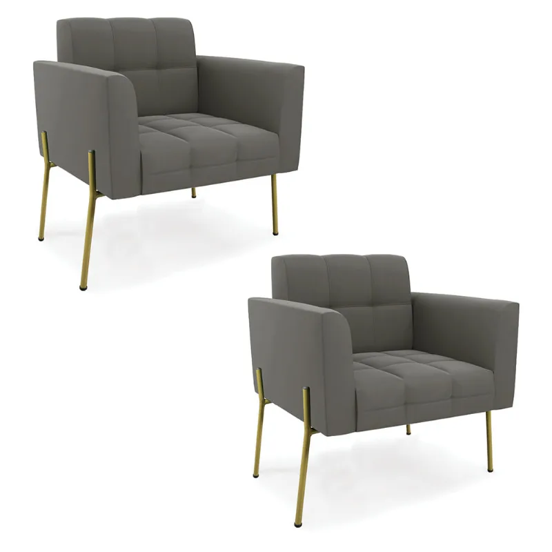 Poltrona Pé de Ferro Dourado para Sala Kit 2 Elisa Suede D03 - D'Rossi Grafite