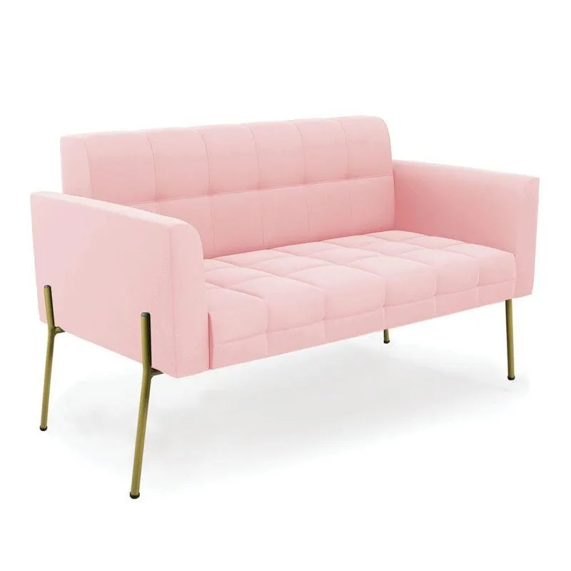 Sofá Namoradeira 2 Lugares Pé De Ferro Dourado Elisa Suede D03 - D'rossi Cor Rosa Bebê