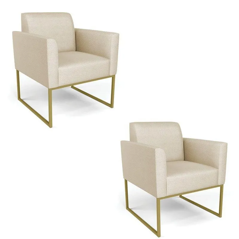 Kit 2 Poltronas Base Industrial Dourado Marisa Veludo Luxo D03 - D\'rossi Cor A129 Off White