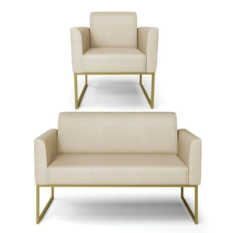 Sofá Namoradeira Com Poltrona Base Industrial Dourado Veludo Luxo Off White A129 D03 - D'rossi