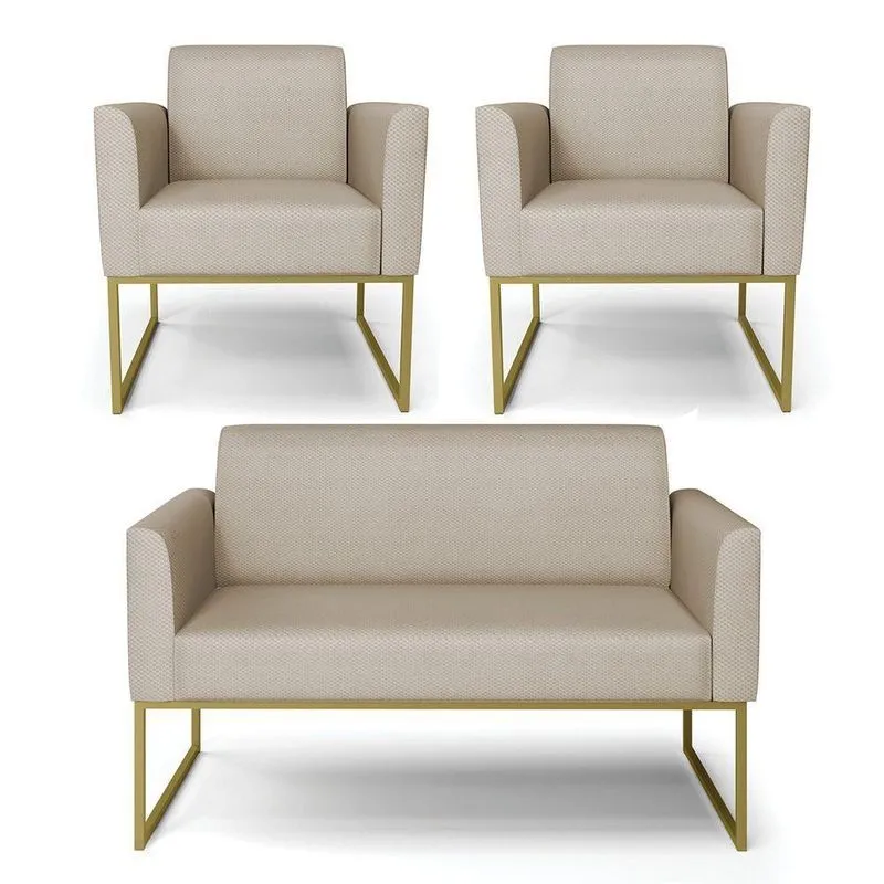 Sofá Namoradeira Com 2 Poltronas Base Industrial Dourado Marisa Veludo Luxo Prata A130 D03 - D'rossi