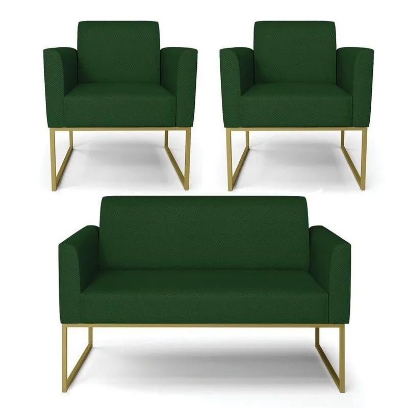 Sofá Namoradeira Com 2 Poltronas Base Industrial Dourado Marisa Veludo Luxo D03-D\'rossi Cor Verde