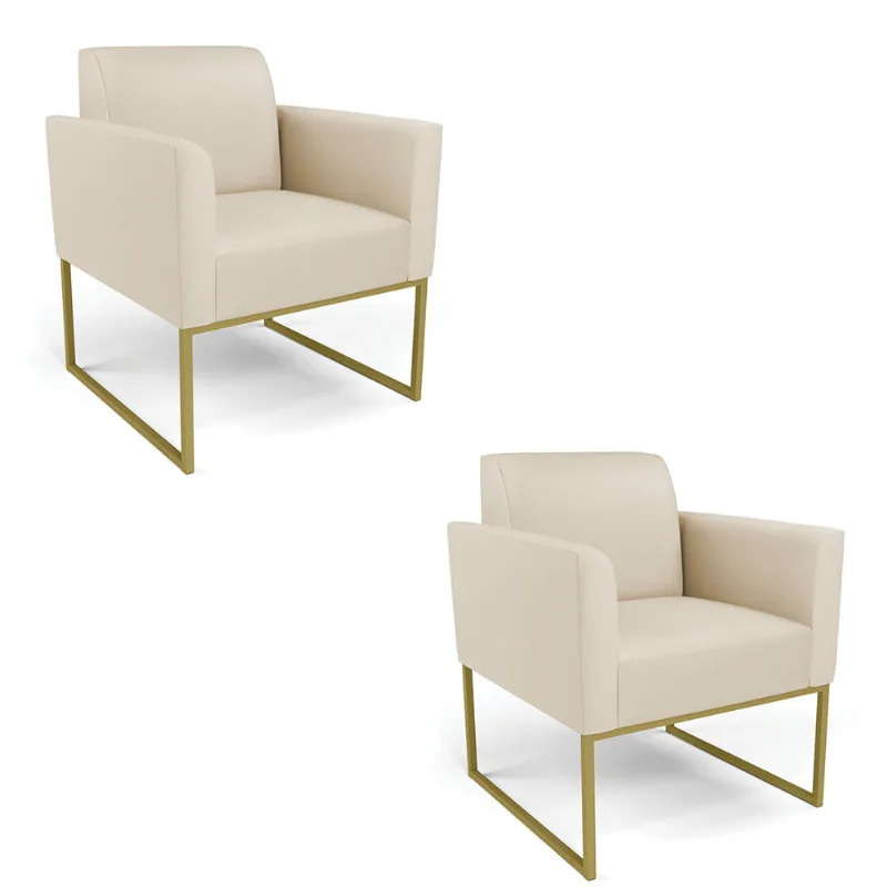 Kit 2 Poltronas Base Industrial Dourado Marisa Corino Bege D03 - D'Rossi