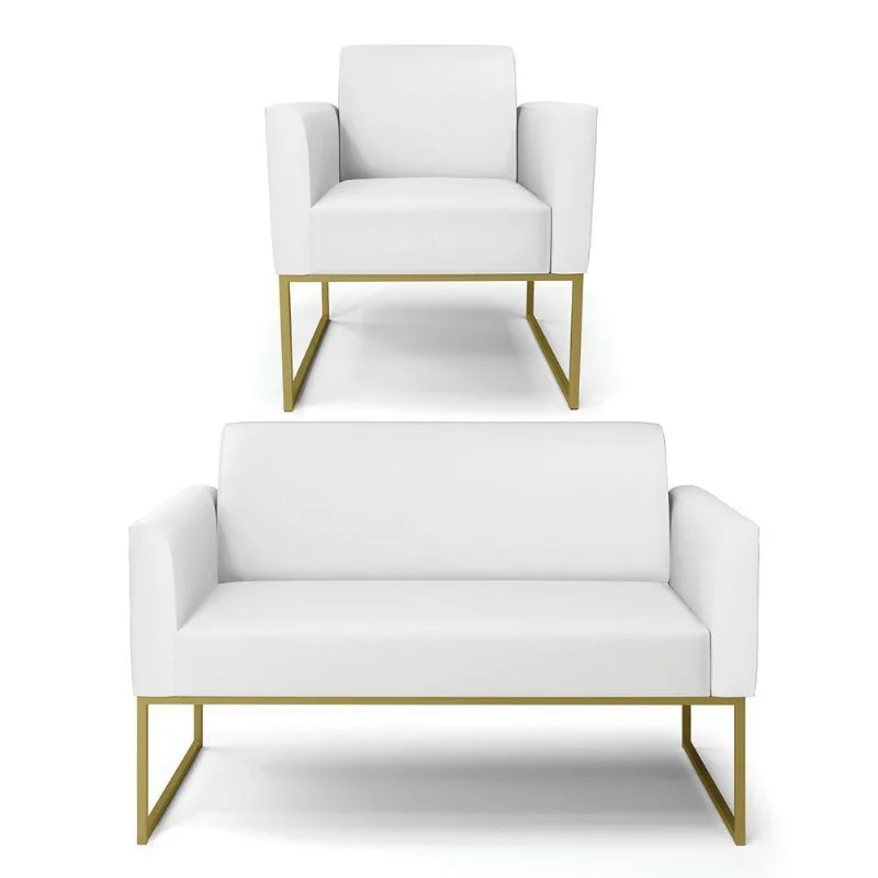 Sofá Namoradeira Com Poltrona Base Industrial Dourado Marisa Corino Branco D03 - D'rossi