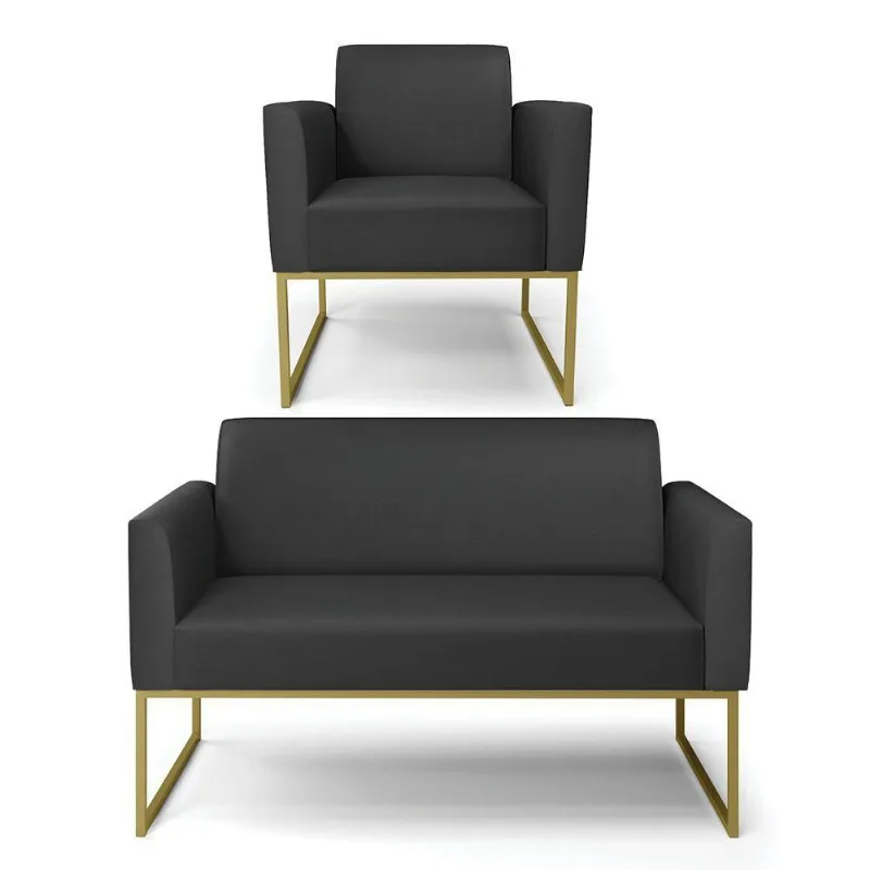 Sofá Namoradeira Com Poltrona Base Industrial Dourado Marisa Corino Preto D03 - D'rossi
