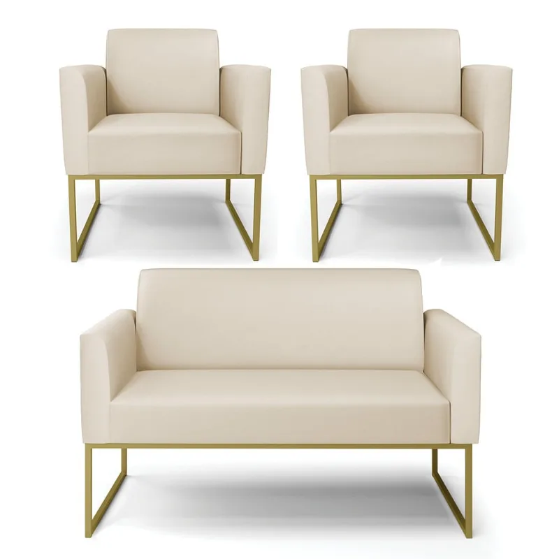 Sofá Namoradeira com 2 Poltronas Base Industrial Dourado Marisa Corino D03 - D'Rossi Bege