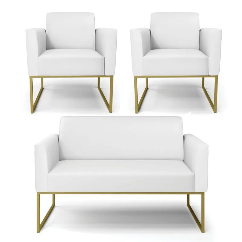 Sofá Namoradeira com 2 Poltronas Base Industrial Dourado Marisa Corino D03 - D'Rossi Branco