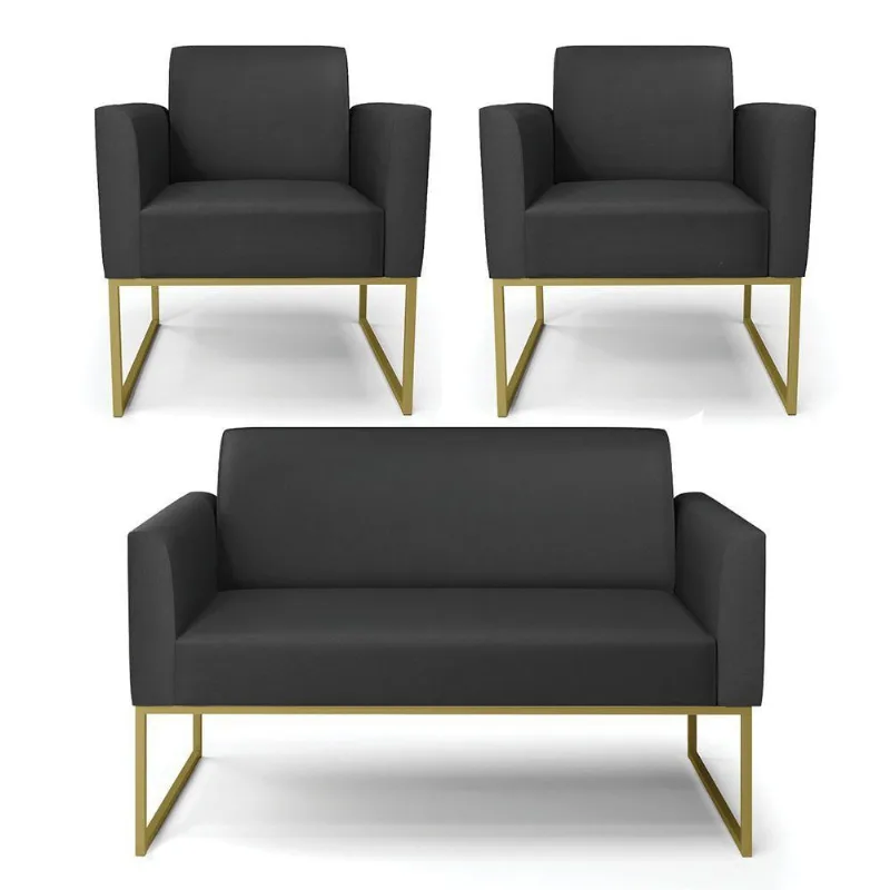 Sofá Namoradeira Com 2 Poltronas Base Industrial Dourado Marisa Corino Preto D03 - D'rossi