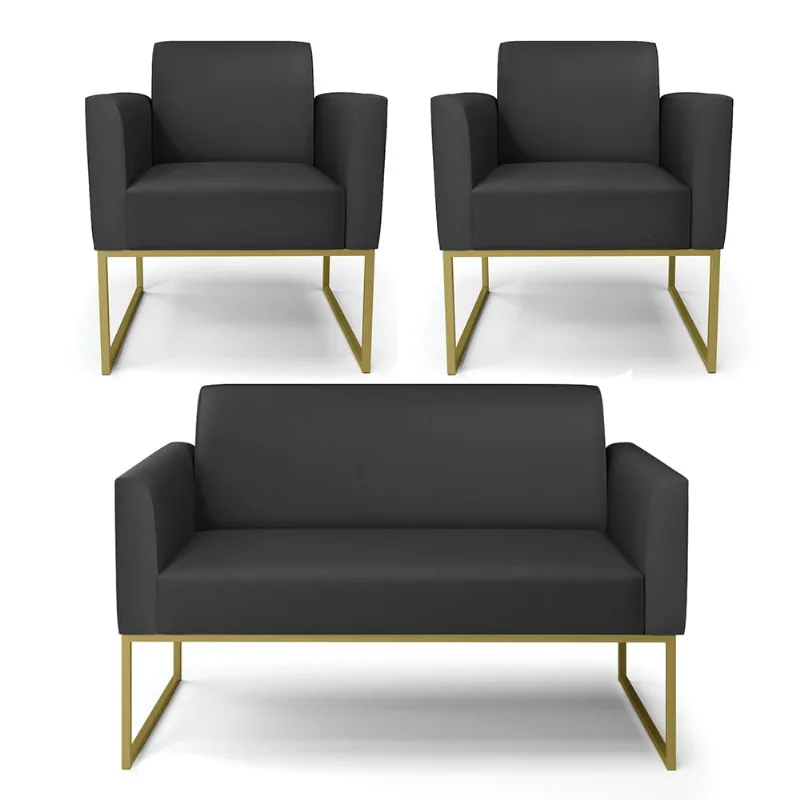 Sofá Namoradeira com 2 Poltronas Base Industrial Dourado Marisa Corino D03 - D'Rossi Preto