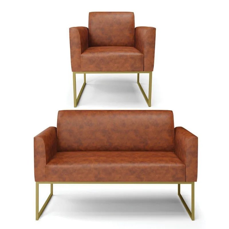 Sofá Namoradeira Com Poltrona Base Industrial Dourado Marisa Corano D03 - D\'rossi Cor Nozes