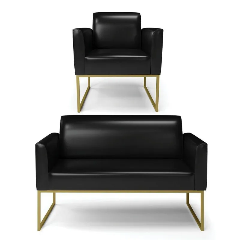Sofá Namoradeira Com Poltrona Base Industrial Dourado Marisa Corano Preto D03 - D'rossi