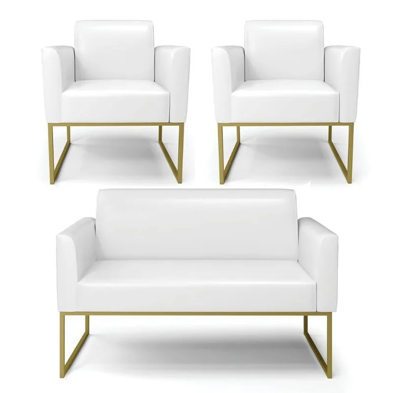 Sofá Namoradeira Com 2 Poltronas Base Industrial Dourado Marisa Corano Branco D03 - D'rossi