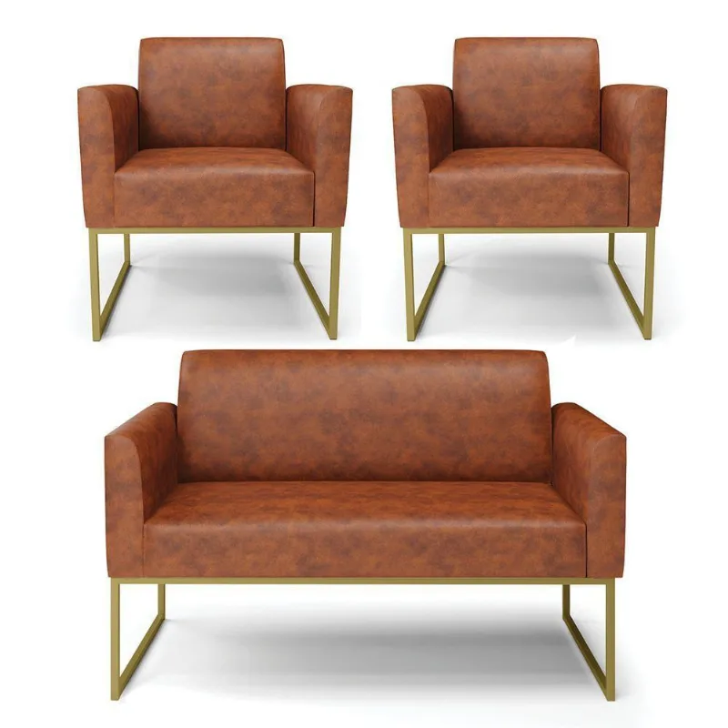 Sofá Namoradeira Com 2 Poltronas Base Industrial Dourado Marisa Corano D03 - D\'rossi Cor Nozes