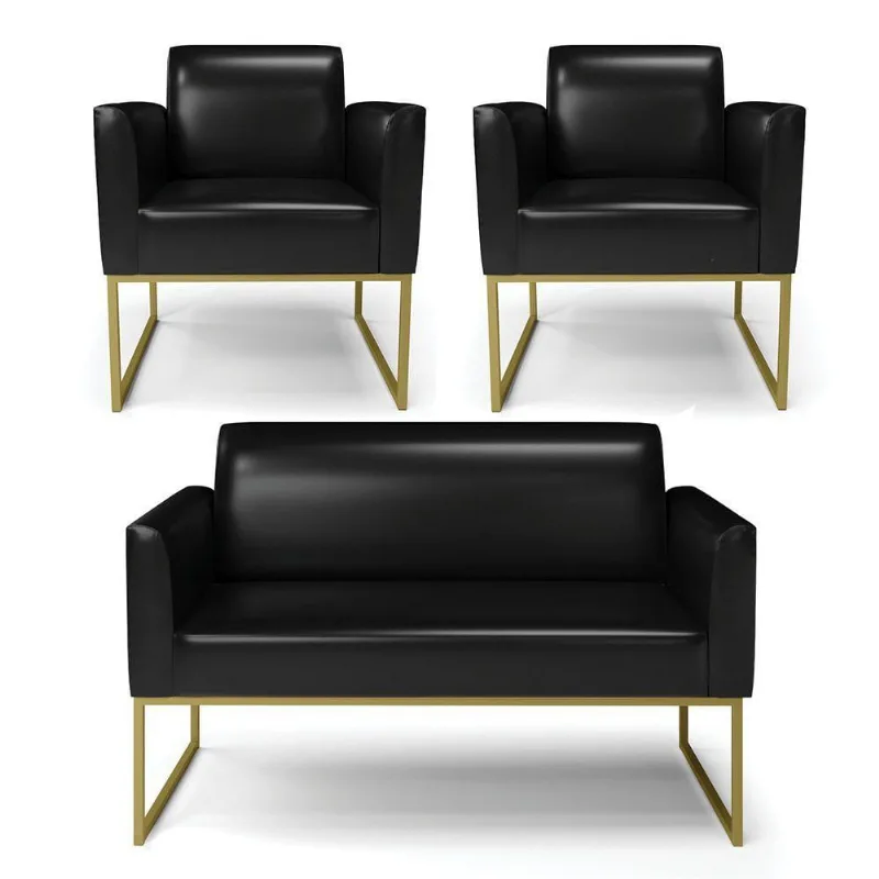 Sofá Namoradeira Com 2 Poltronas Base Industrial Dourado Marisa Corano D03 - D\'rossi Cor Preto