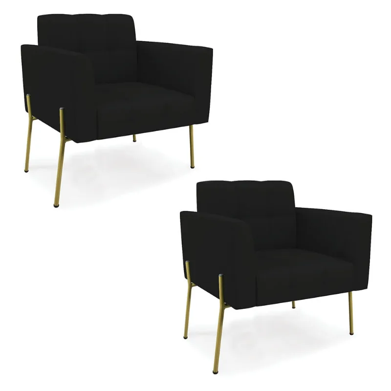 Poltrona Pé de Ferro Dourado para Sala Kit 2 Elisa Linho D03 - D'Rossi A79 Preto
