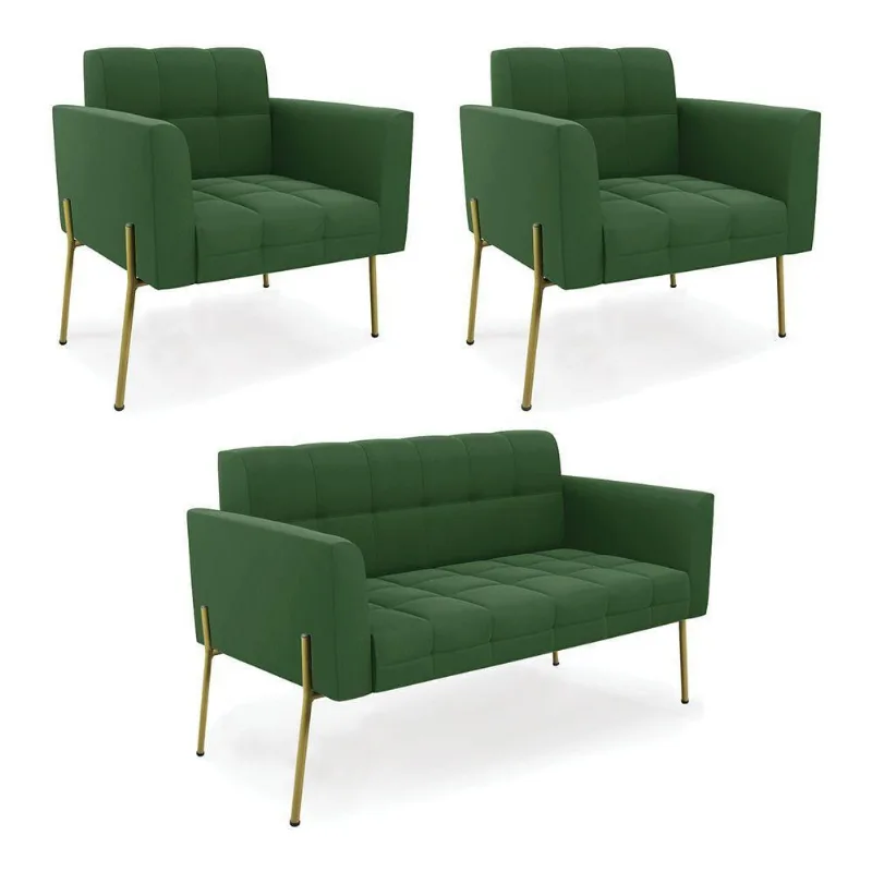 Sofá Namoradeira E 2 Poltronas Pé De Ferro Dourado Elisa Suede D03 - D'rossi Cor Verde