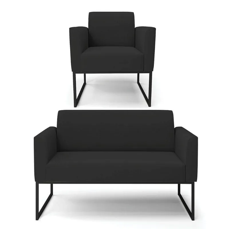 Sofá Namoradeira Com Poltrona Base Industrial Preto Marisa Veludo D03 - D\'rossi Cor Preto
