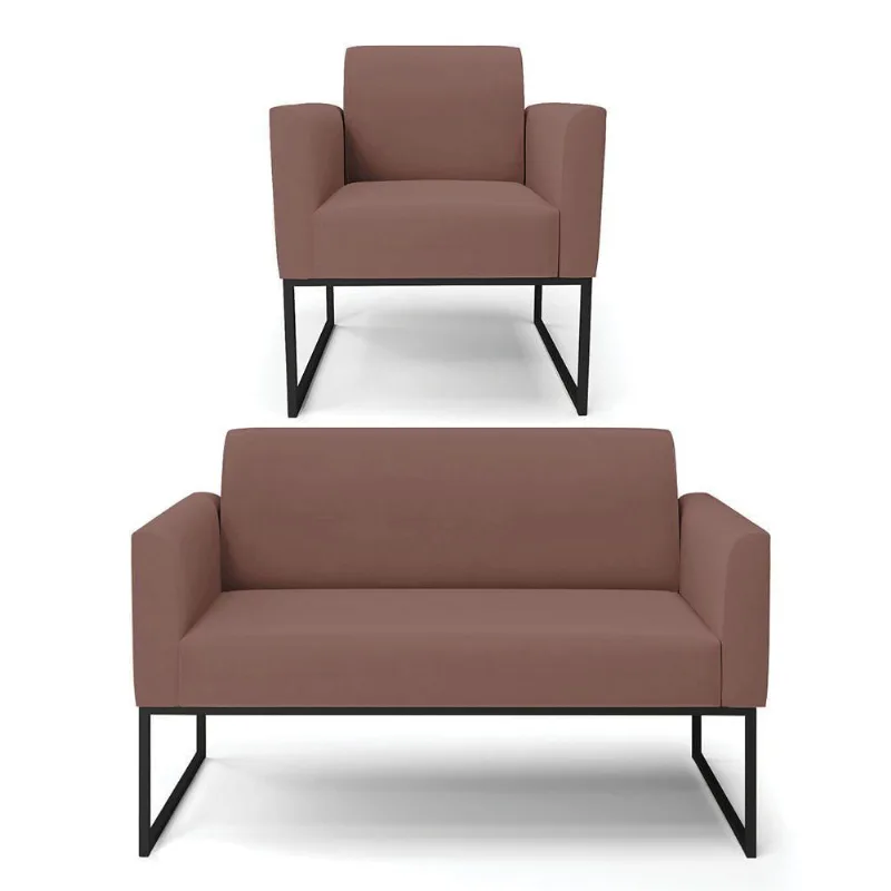 Sofá Namoradeira Com Poltrona Base Industrial Preto Marisa Veludo D03 - D\'rossi Cor Rose