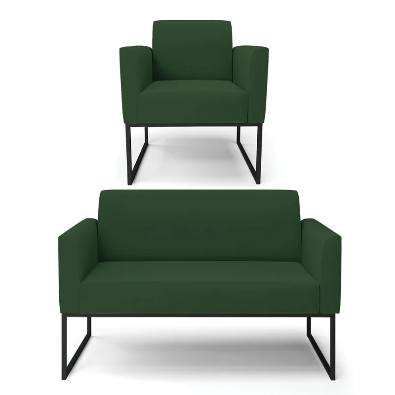 Sofá Namoradeira com Poltrona Base Industrial Preto Marisa Veludo Verde D03 - D'Rossi
