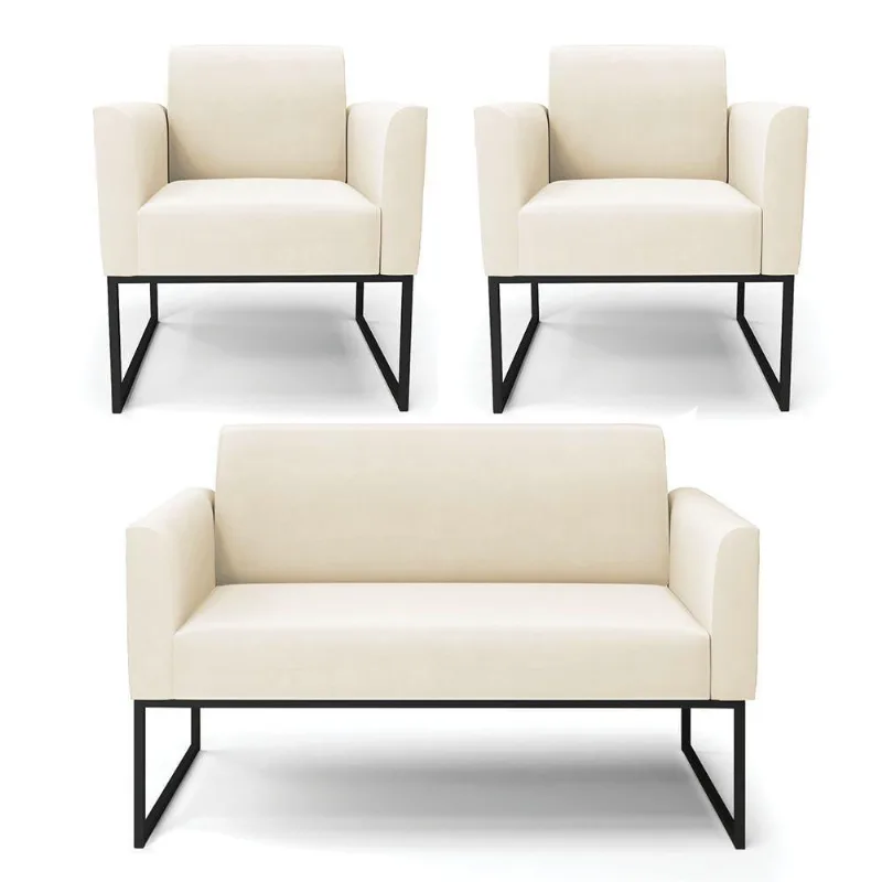 Sofá Namoradeira Com 2 Poltronas Base Industrial Preto Marisa Veludo D03 - D\'rossi Cor Bege