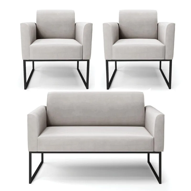 Sofá Namoradeira Com 2 Poltronas Base Industrial Preto Marisa Veludo D03 - D\'rossi Cor Cinza