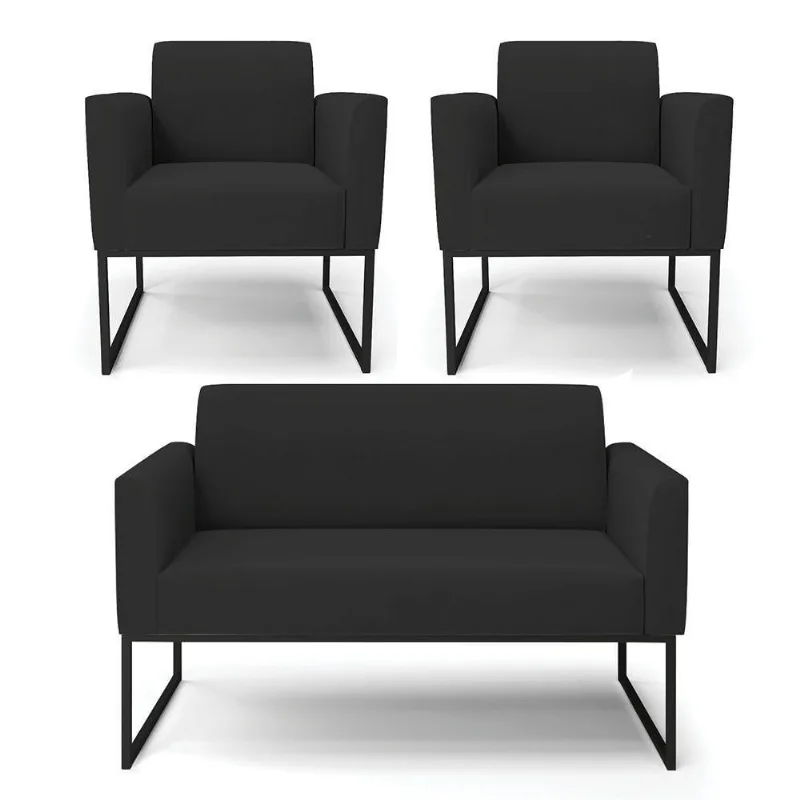 Sofá Namoradeira Com 2 Poltronas Base Industrial Preto Marisa Veludo D03 - D\'rossi Cor Preto