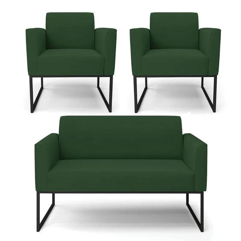 Sofá Namoradeira Com 2 Poltronas Base Industrial Preto Marisa Veludo D03-D\'rossi Cor Verde