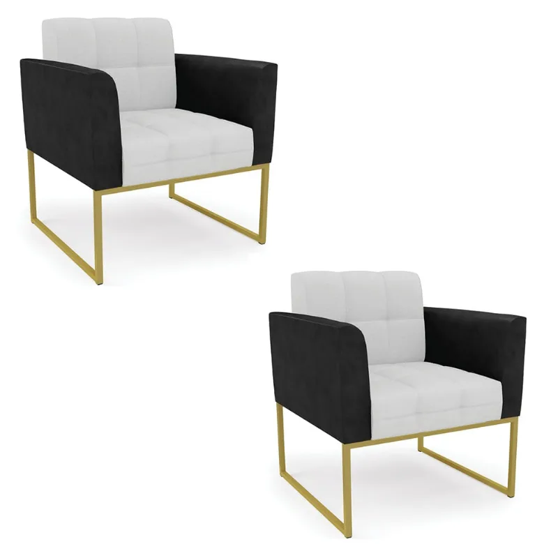 Poltrona Base Industrial Dourado Kit 2 Elisa Preto/Linho Cinza A05 D03 - D'Rossi