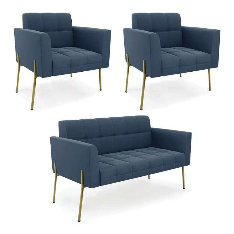 Sofá Namoradeira E 2 Poltronas Pé De Ferro Dourado Elisa Suede D03 - D'rossi Cor Azul Marinho
