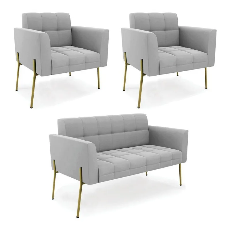 Sofá Namoradeira E 2 Poltronas Pé De Ferro Dourado Elisa Suede D03 - D'rossi Cor Cinza