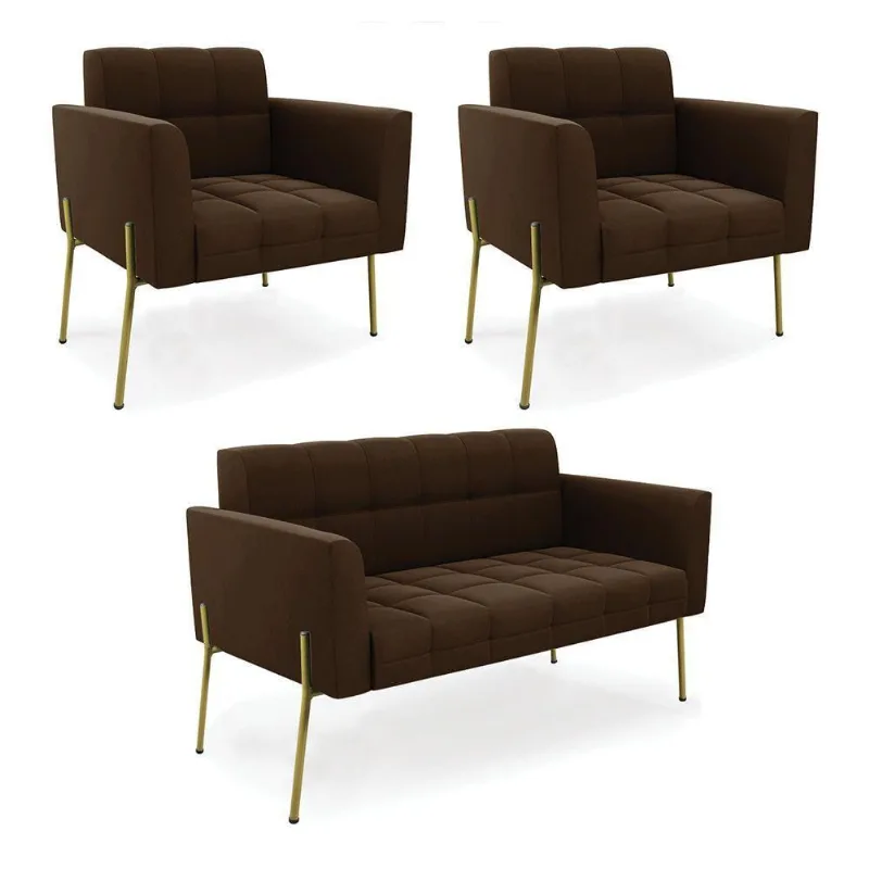 Sofá Namoradeira E 2 Poltronas Pé De Ferro Dourado Elisa Suede D03 - D'rossi Cor Marrom