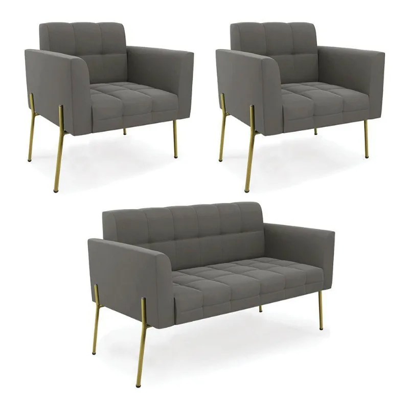 Sofá Namoradeira E 2 Poltronas Pé De Ferro Dourado Elisa Suede D03 - D'rossi Cor Grafite