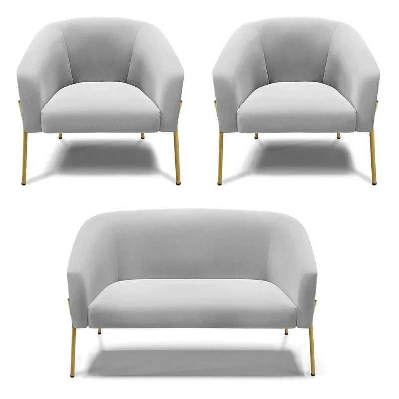 Sofá Namoradeira E 2 Poltronas Pé De Ferro Dourado Stella Suede D03 - D'rossi Cor Cinza