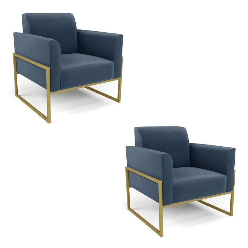 Kit 2 Poltronas Base Industrial Alta Dourado Marisa Suede Azul Marinho D03 - D\'rossi
