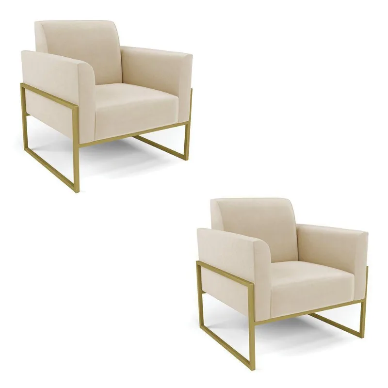 Kit 2 Poltronas Base Industrial Alta Dourado Marisa Suede Bege D03 - D\'rossi