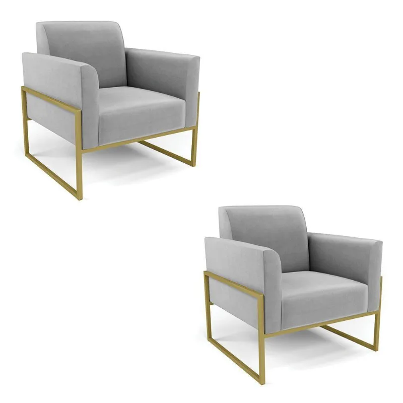 Kit 2 Poltronas Base Industrial Alta Dourado Marisa Suede Cinza D03 - D\'rossi