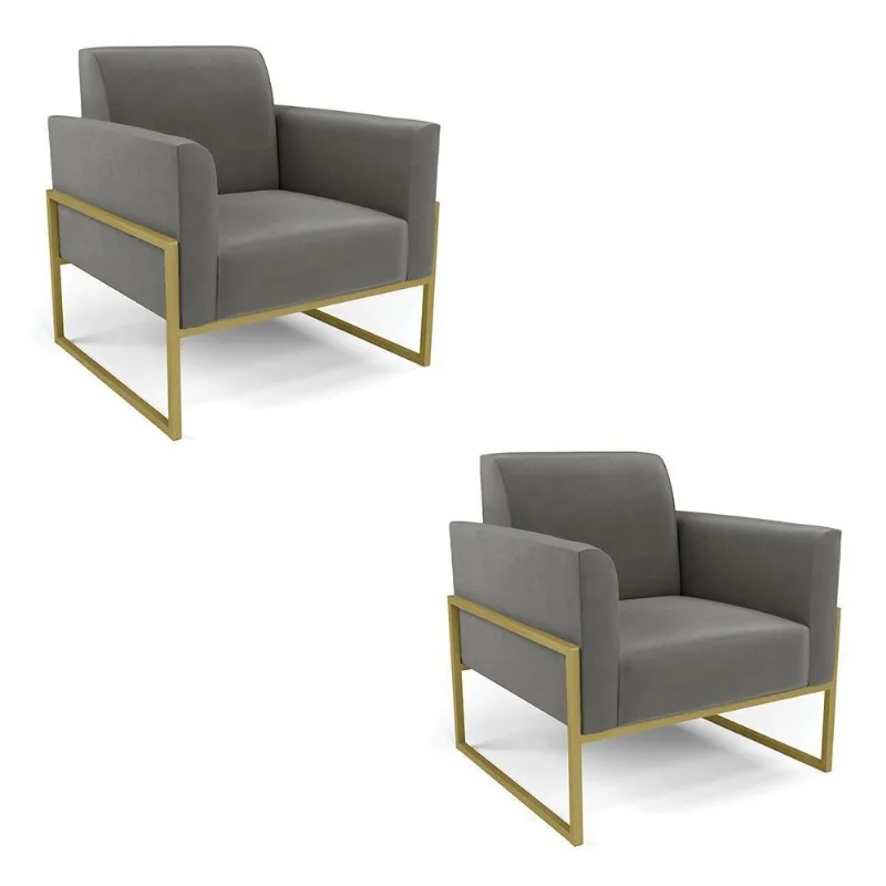 Kit 2 Poltronas Base Industrial Alta Dourado Marisa Suede Grafite D03 - D\'rossi