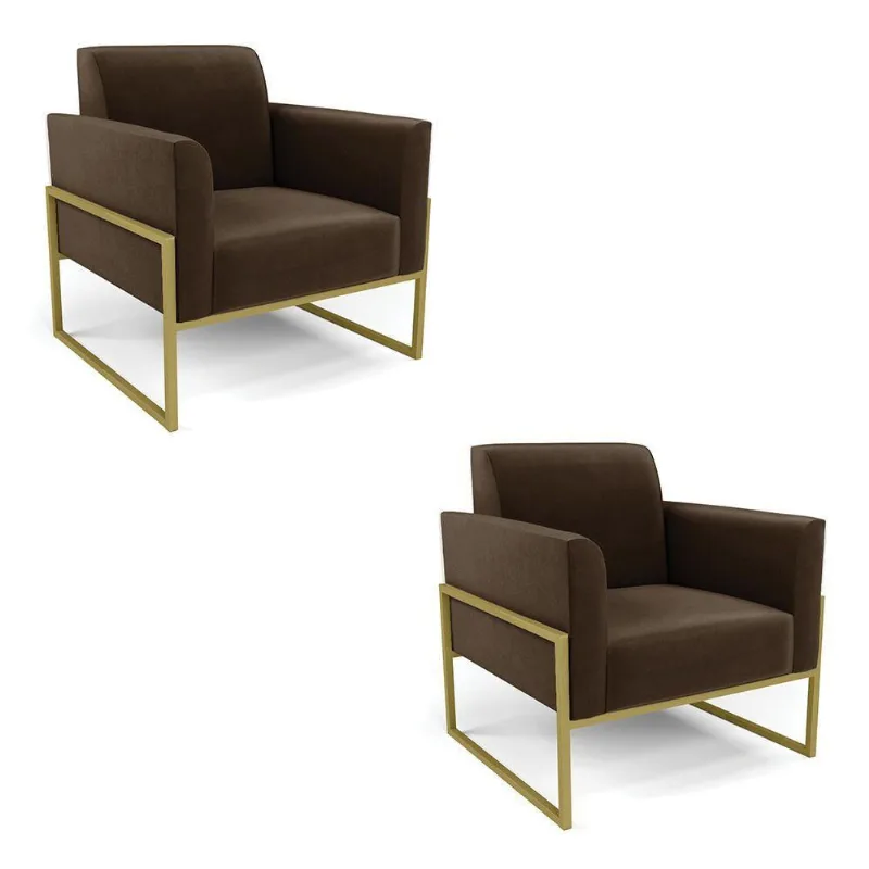 Kit 2 Poltronas Base Industrial Alta Dourado Marisa Suede D03 - D\'rossi Cor Marrom