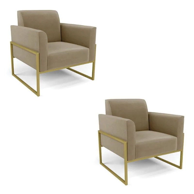 Kit 2 Poltronas Base Industrial Alta Dourado Marisa Suede Marrom Rato D03 - D\'rossi