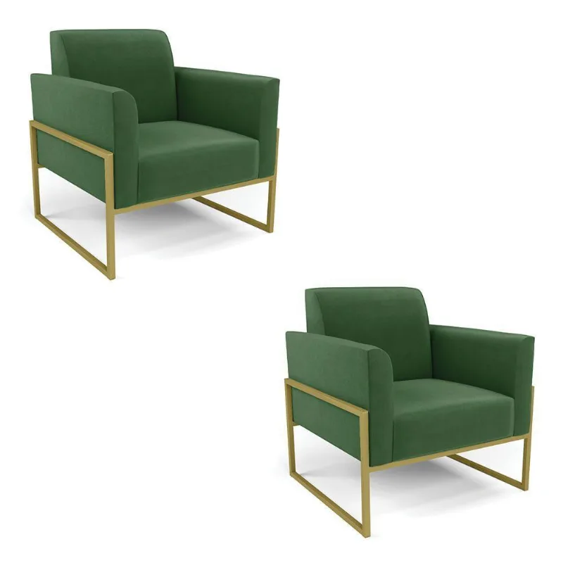 Kit 2 Poltronas Base Industrial Alta Dourado Marisa Suede Verde D03 - D\'rossi