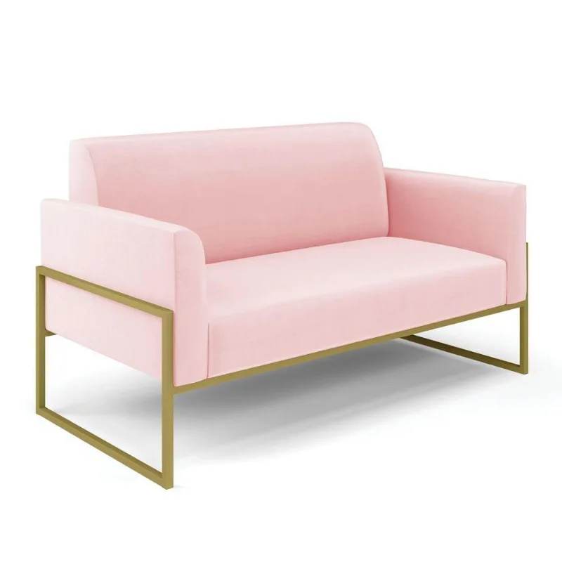 Sofá Namoradeira Base Industrial Alta Dourado Marisa Suede Rosa Bebê D03 - D\'rossi