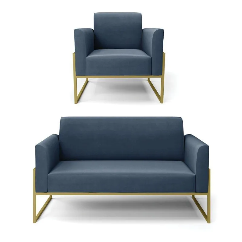 Sofá Namoradeira Com Poltrona Base Industrial Alta Dourado Marisa Suede Azul Marinho D03 - D\'rossi