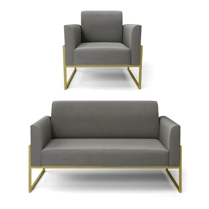 Sofá Namoradeira Com Poltrona Base Industrial Alta Dourado Marisa Suede Grafite D03 - D\'rossi