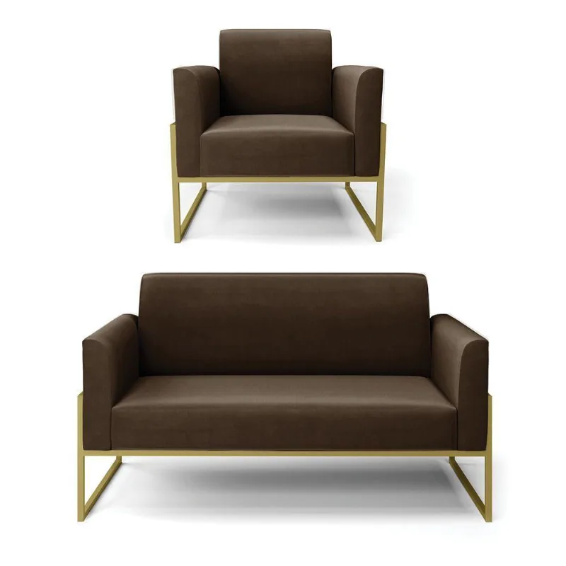 Sofá Namoradeira Com Poltrona Base Industrial Alta Dourado Marisa Suede Marrom D03 - D\'rossi