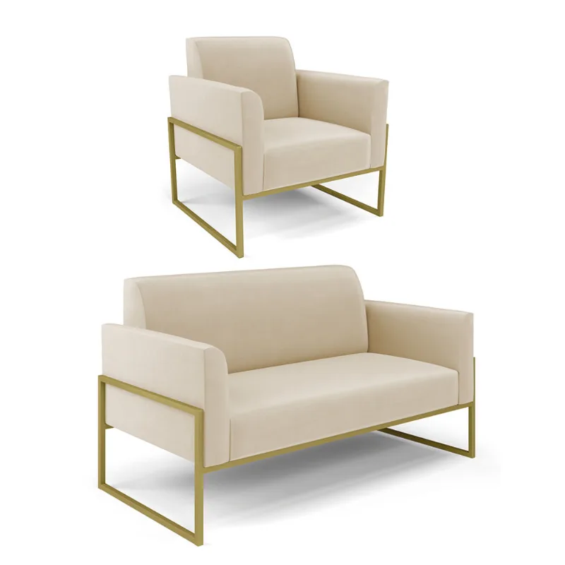 Sofá Namoradeira com Poltrona Base Industrial Alta Dourado Marisa Suede D03 - D'Rossi Marrom