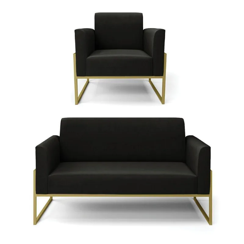 Sofá Namoradeira Com Poltrona Base Industrial Alta Dourado Marisa Suede Preto D03 - D\'rossi