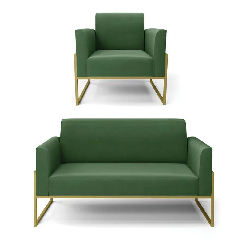 Sofá Namoradeira Com Poltrona Base Industrial Alta Dourado Marisa Suede Verde D03 - D\'rossi