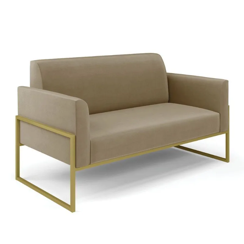Sofá Namoradeira Com 2 Poltronas Base Industrial Alta Dourado Marisa Suede Marrom Rato D03D\'rossi