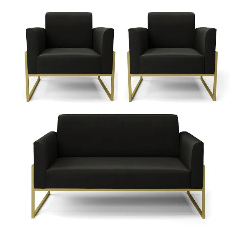 Sofá Namoradeira Com 2 Poltronas Base Industrial Alta Dourado Marisa Suede Preto D03 - D\'rossi